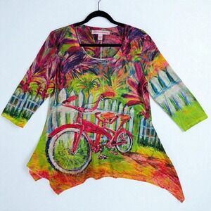 Leoma Lovegrove Tunic Top‎ Woman Large Colorful Bicycle Print 3/4 Sleeve Artsy